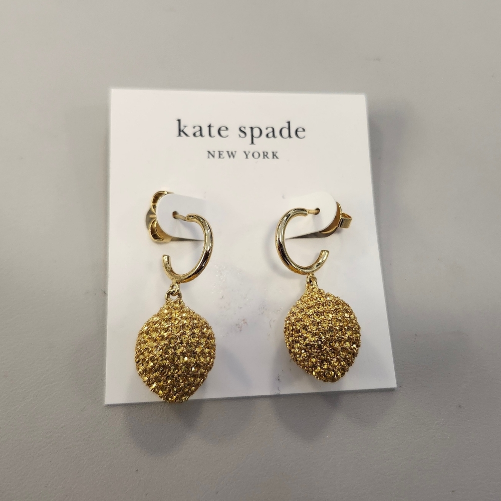 NWT Kate Spade Gold-Tone Pave Lemon Huggie Hoop Earrings ***Crystal DEFECTS***